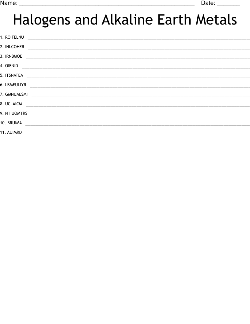 Halogens and Alkaline Earth Metals Word Scramble