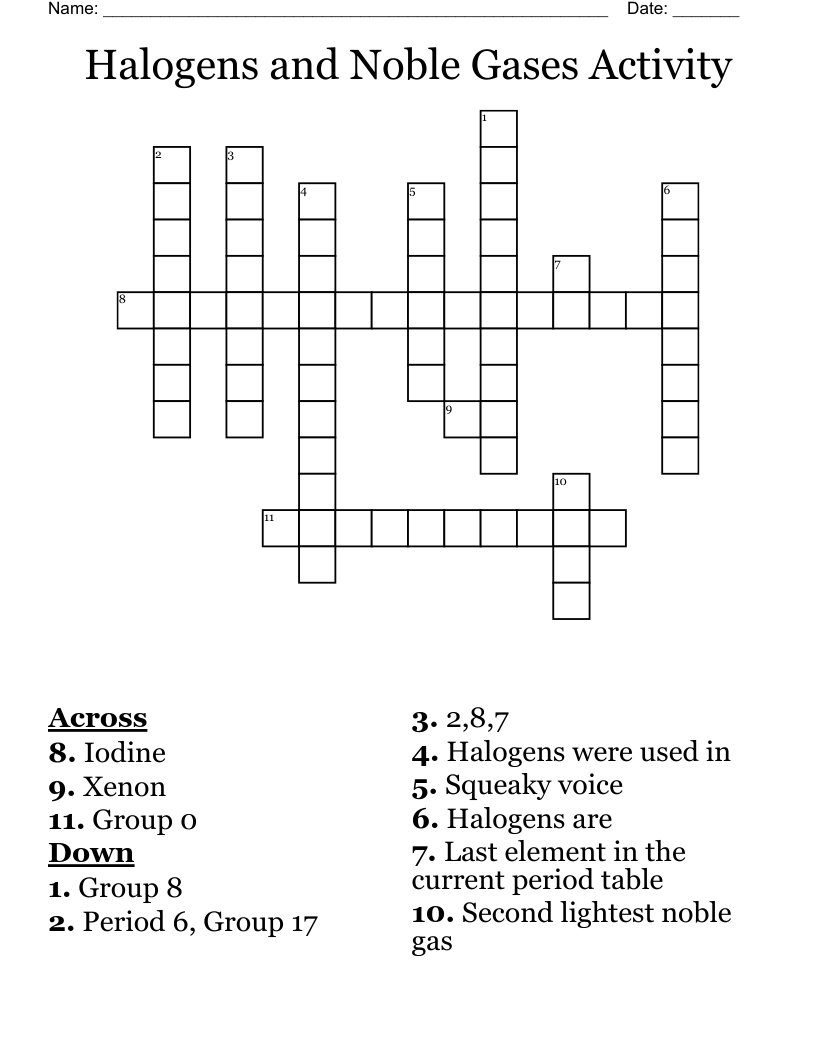 Halogens and Noble Gases Activity Crossword