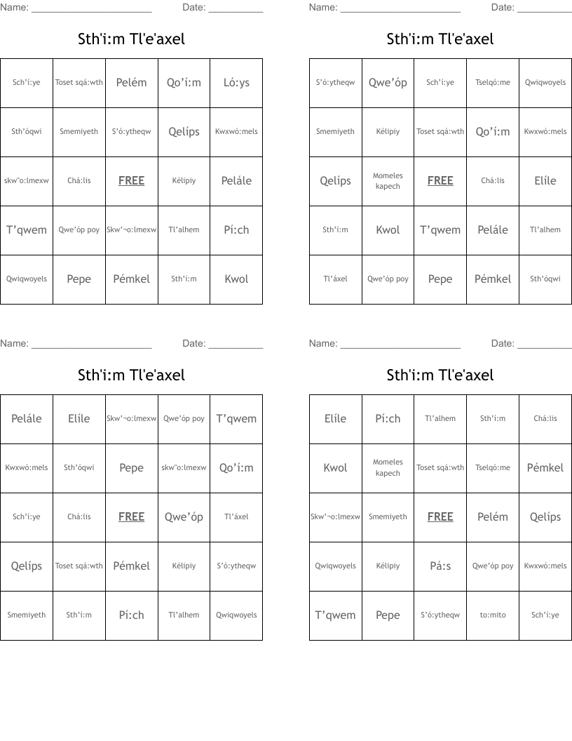 Sth'i:m  Tl'e'axel Bingo Cards