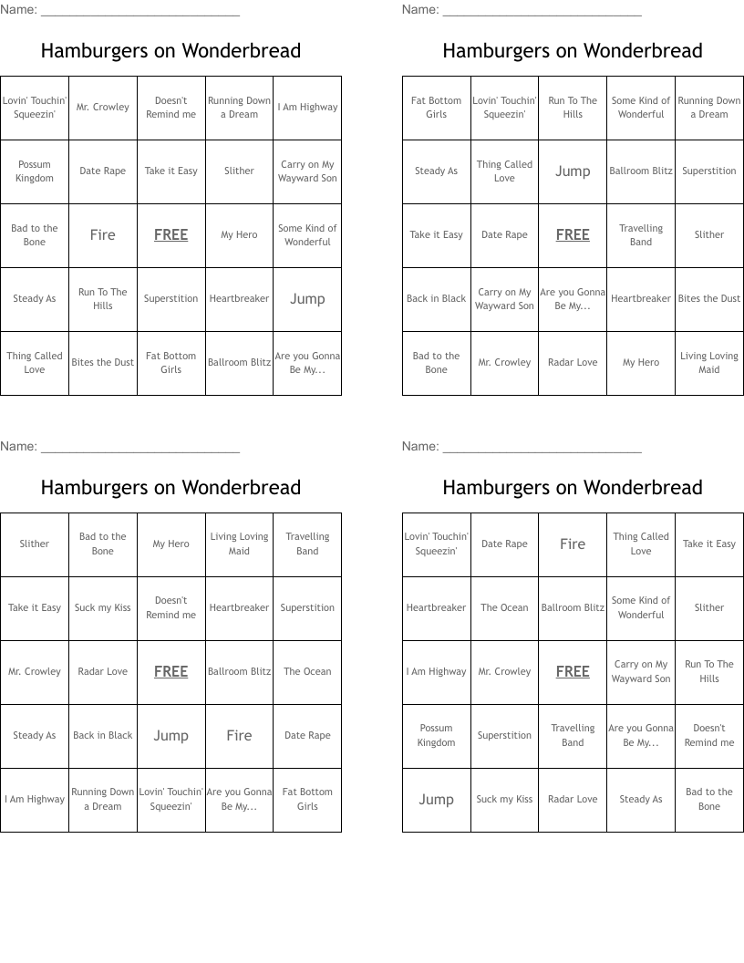 Hamburgers on Wonderbread Bingo Cards