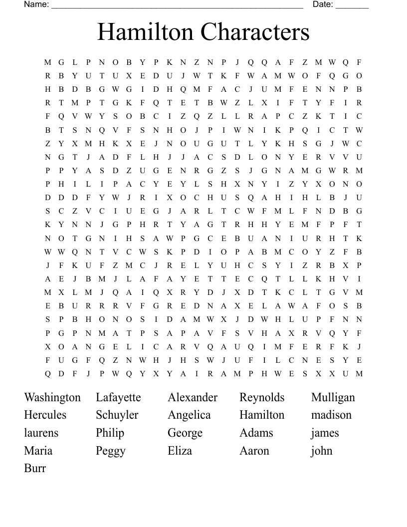 Hamilton Characters Word Search