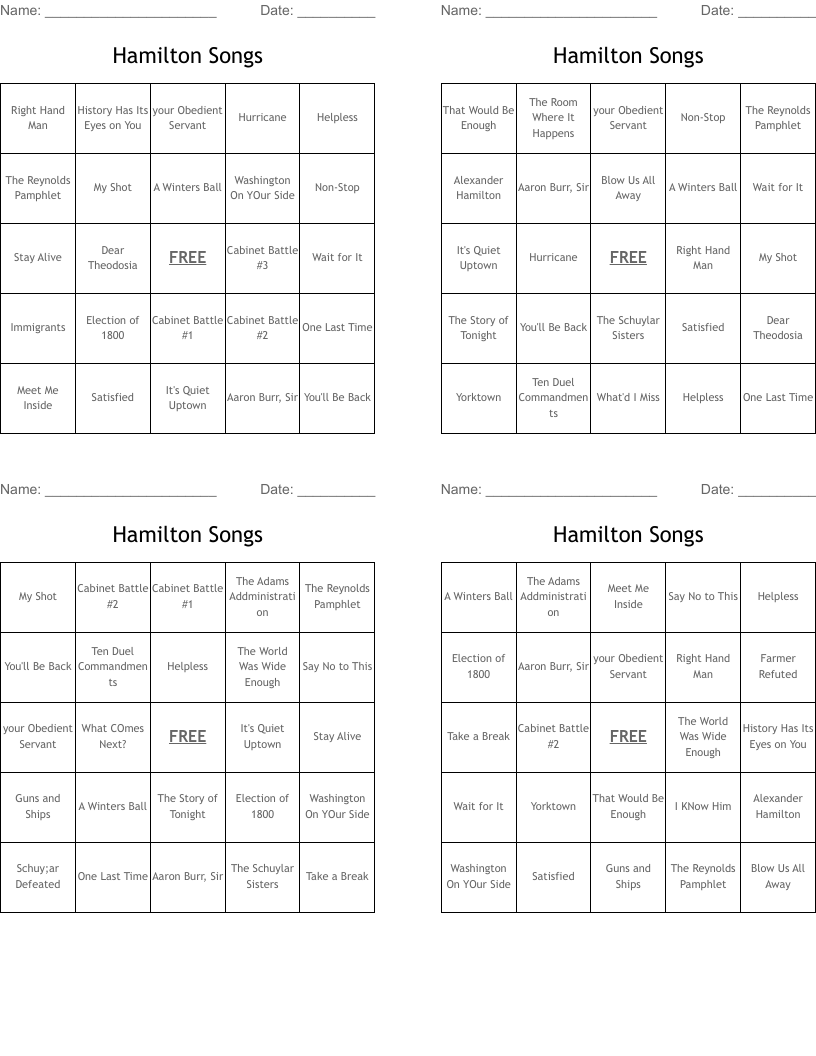 Hamilton Songs Bingo Cards