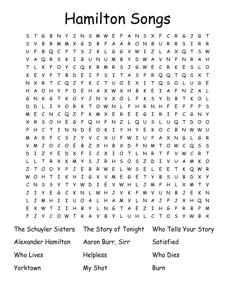 Hamilton Songs Word Search