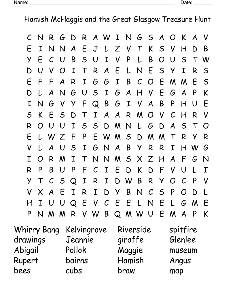 Hamish McHaggis and the Great Glasgow Treasure Hunt Word Search