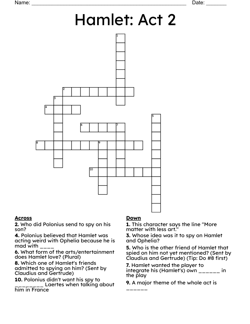 Hamlet: Act 2  Crossword