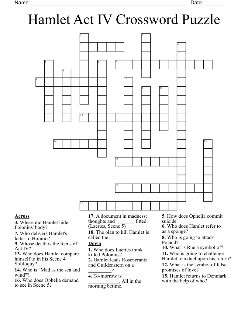 Hamlet Act IV Crossword Puzzle 