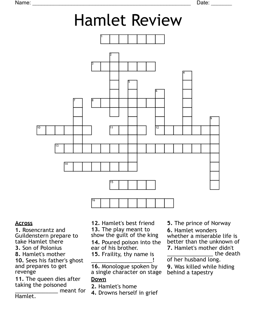 Hamlet Review Crossword