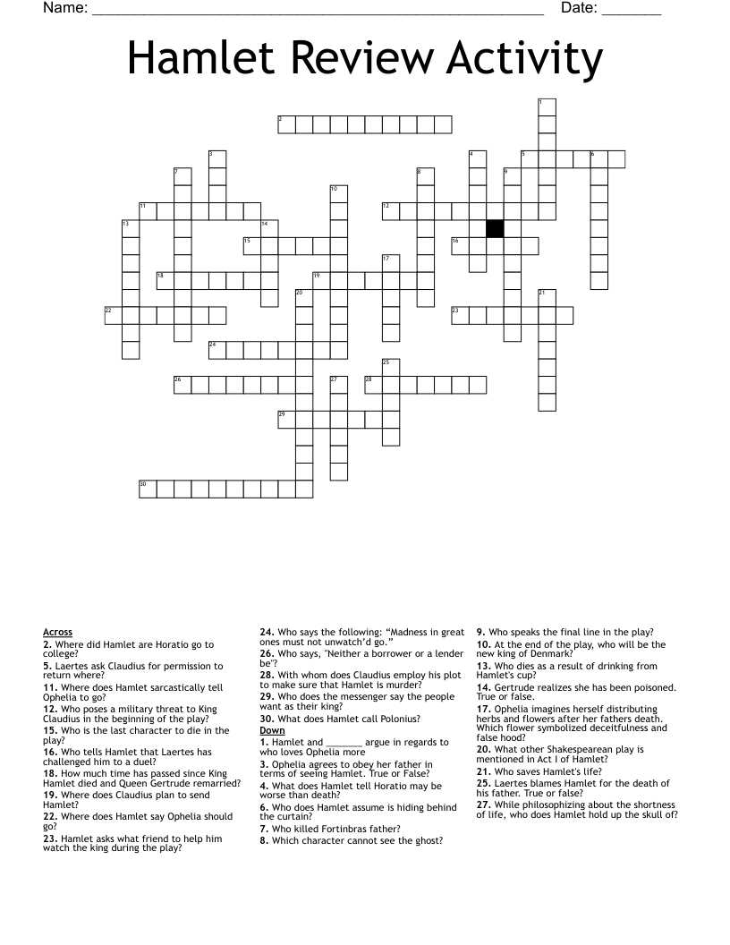 Hamlet Review Activity  Crossword