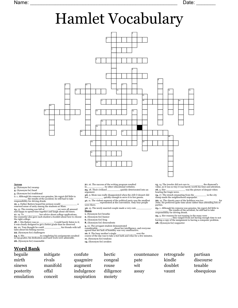 Hamlet Vocabulary Crossword