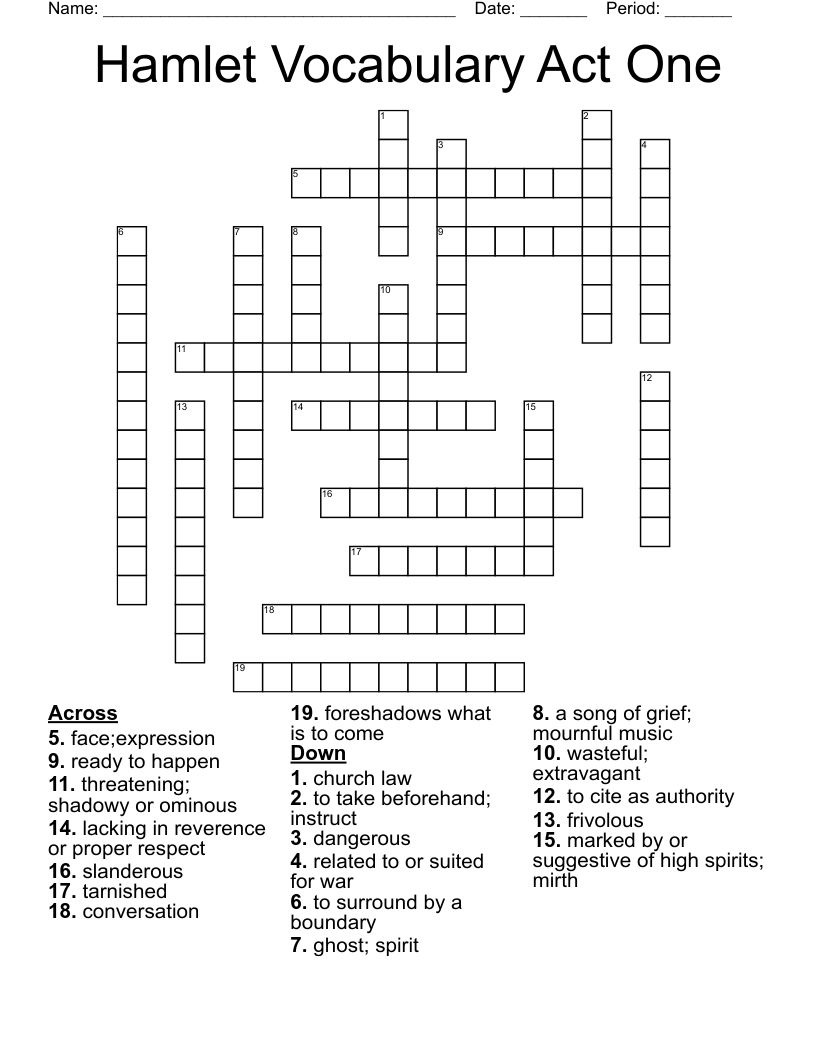 Hamlet Vocabulary Act One Crossword