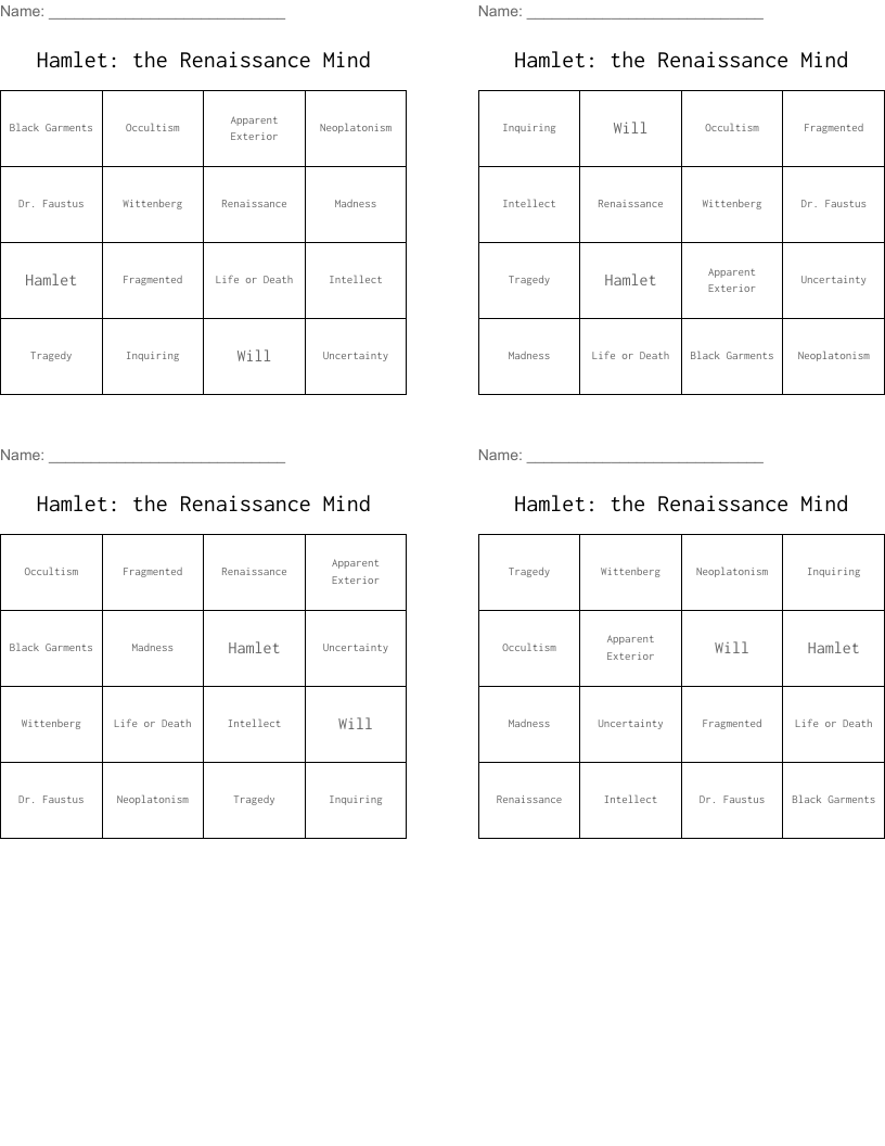 Hamlet: the Renaissance Mind Bingo Cards
