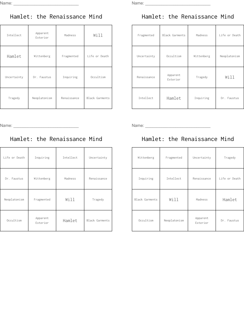 Hamlet: the Renaissance Mind Bingo Cards