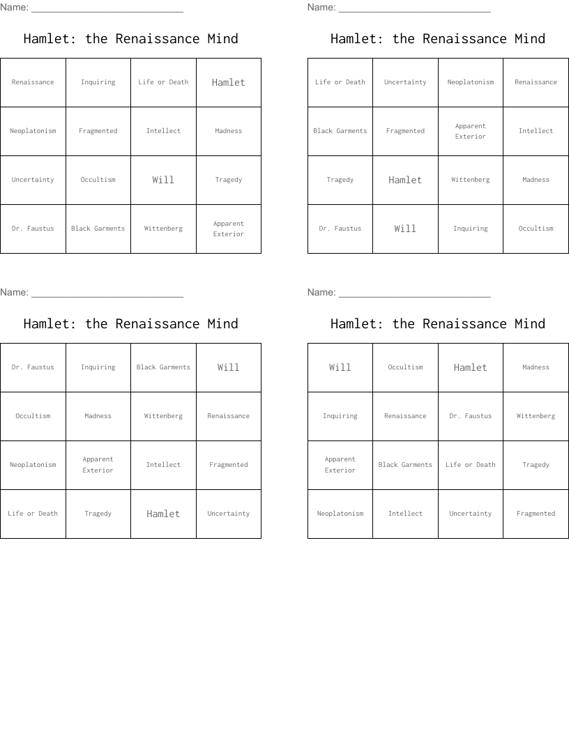 Hamlet: the Renaissance Mind Bingo Cards