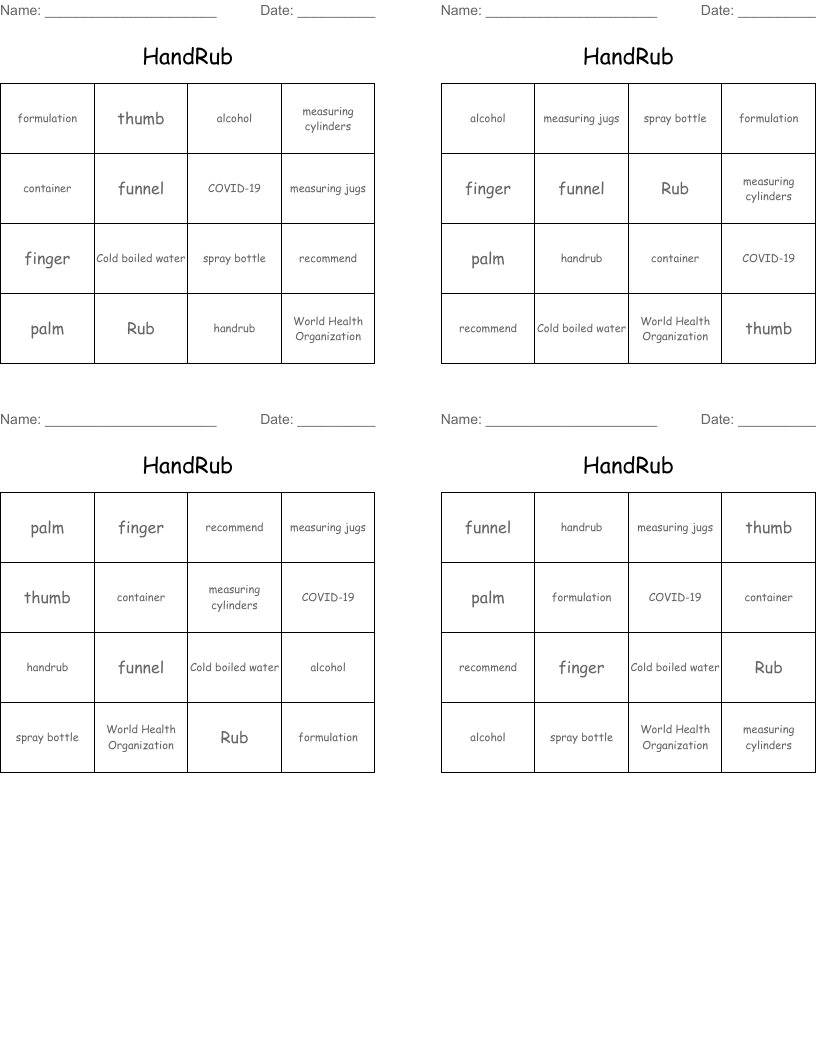 HandRub Bingo Cards
