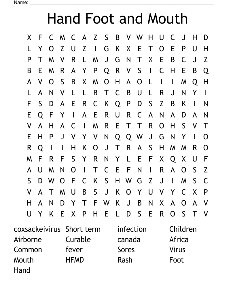 Hand Foot and Mouth Word Search