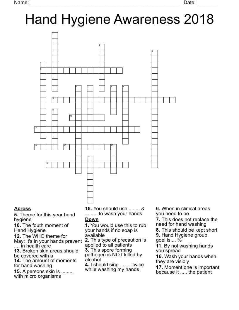 Hand Hygiene Awareness 2018 Crossword