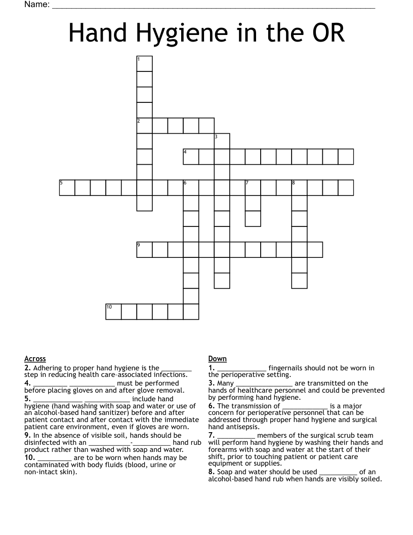 Hand Hygiene in the OR Crossword