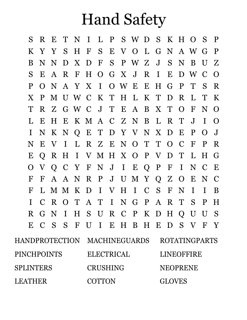 Hand Safety Word Search