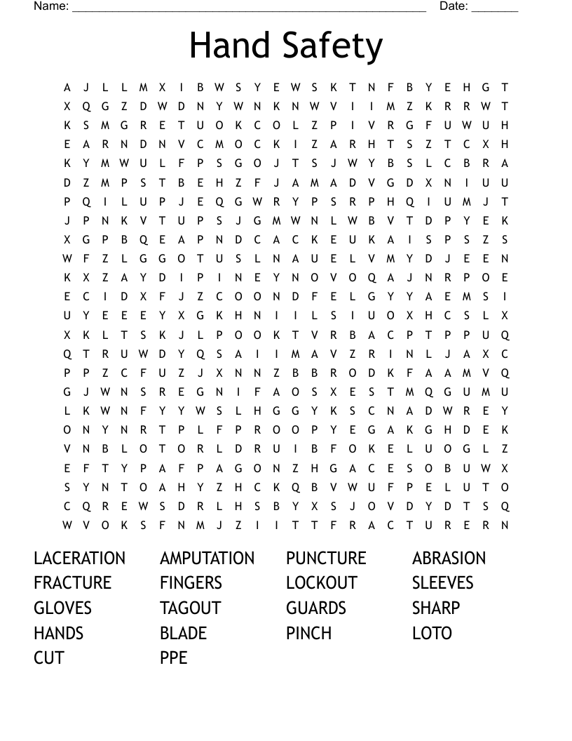 Hand Safety Word Search