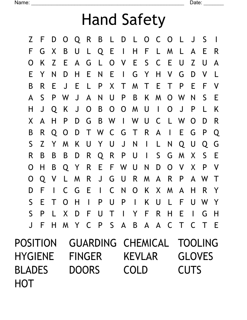 Hand Safety Word Search
