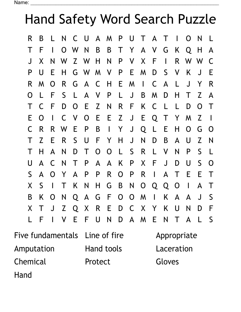 Hand Safety Word Search Puzzle
