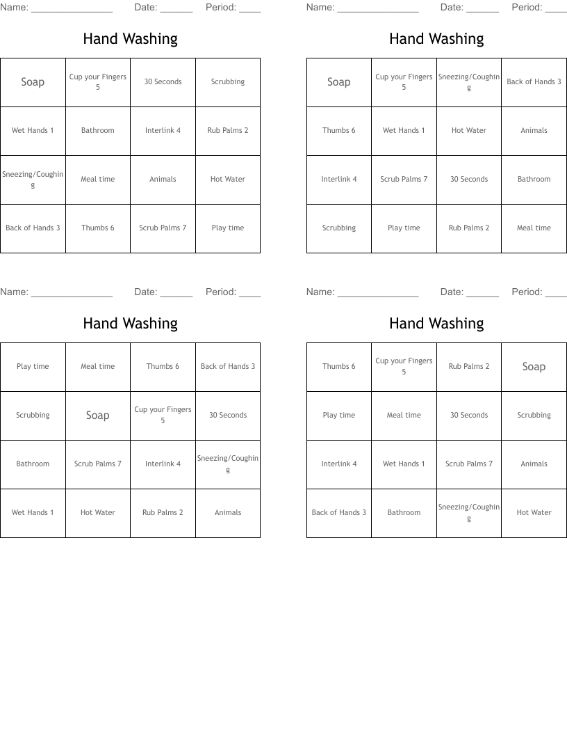 Hand Washing Bingo Cards