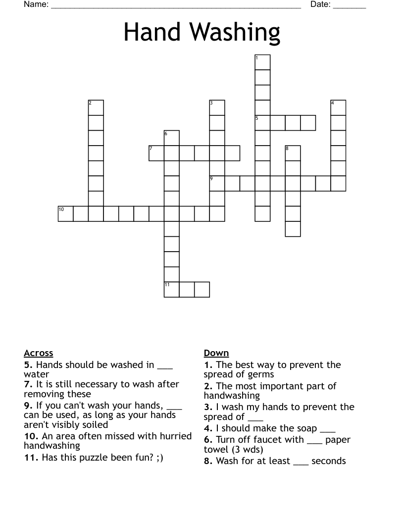 Hand Washing Crossword