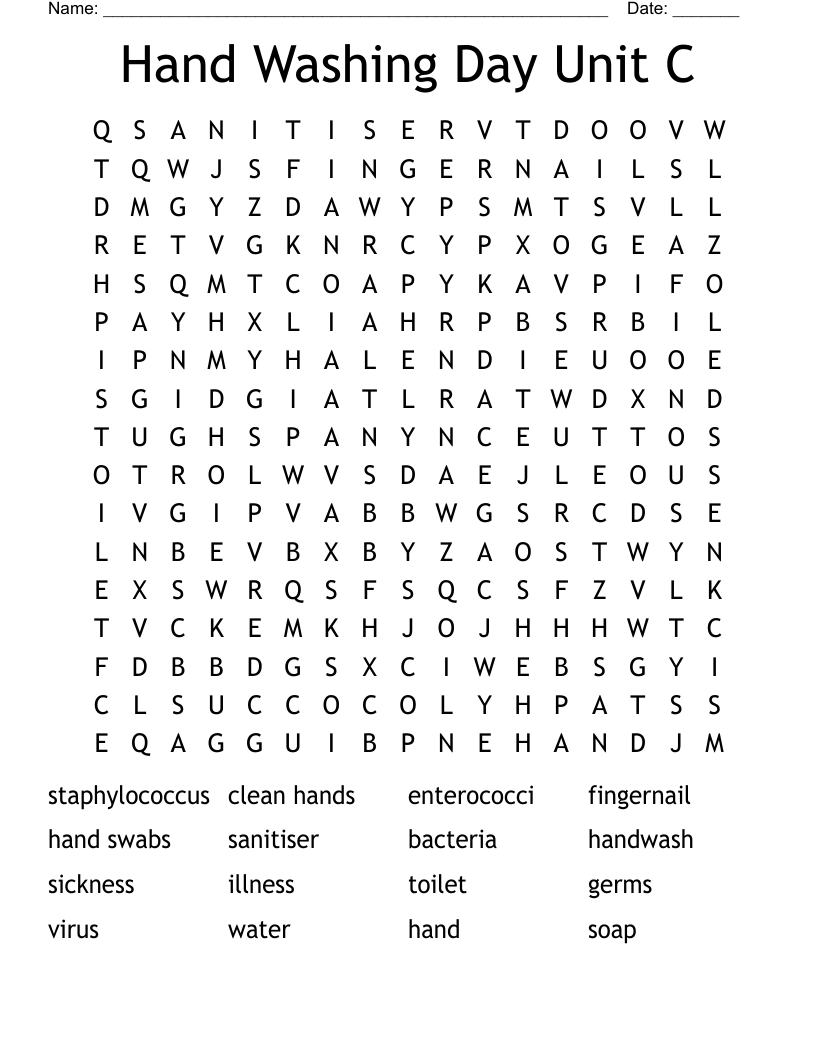 Hand Washing Day Unit C Word Search