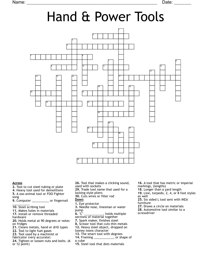 Hand & Power Tools Crossword