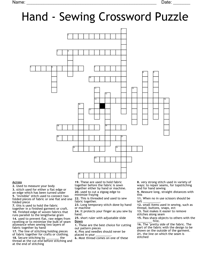 Hand - Sewing Crossword Puzzle