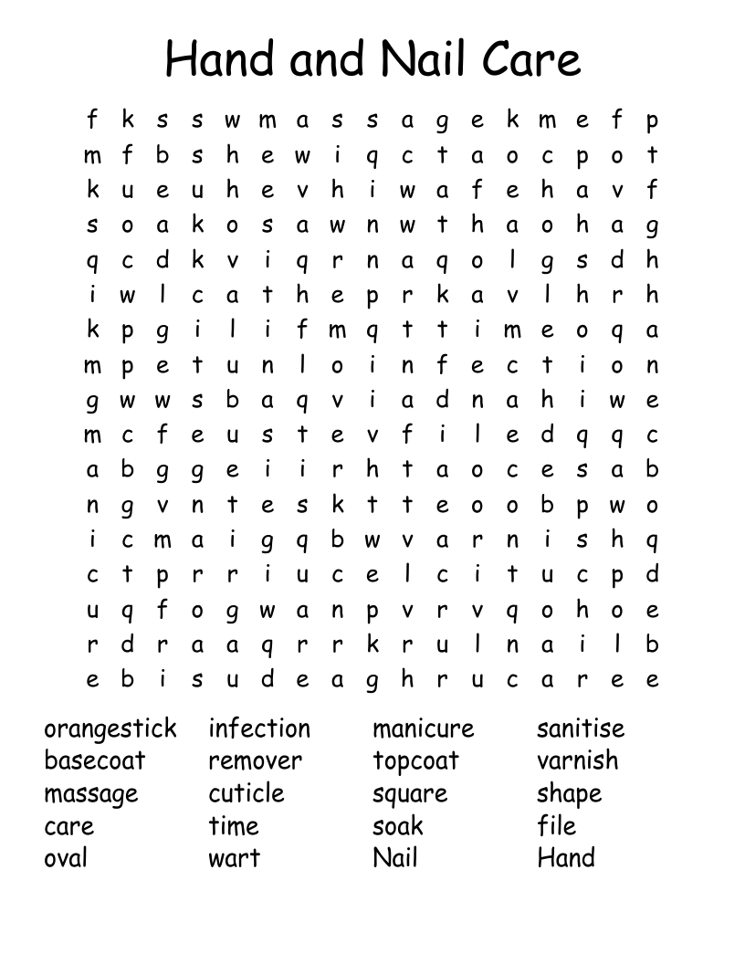Hand and Nail Care Word Search