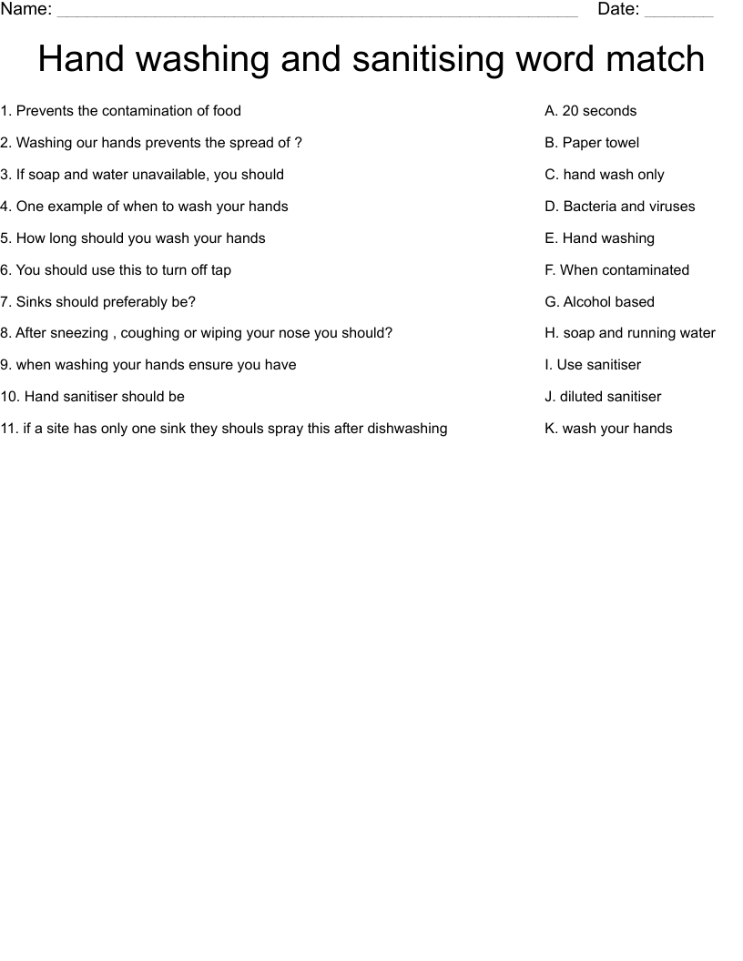 Hand washing and sanitising word match Worksheet