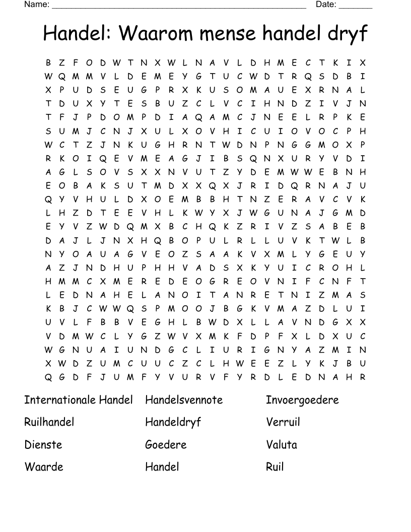 Handel: Waarom mense handel dryf Word Search