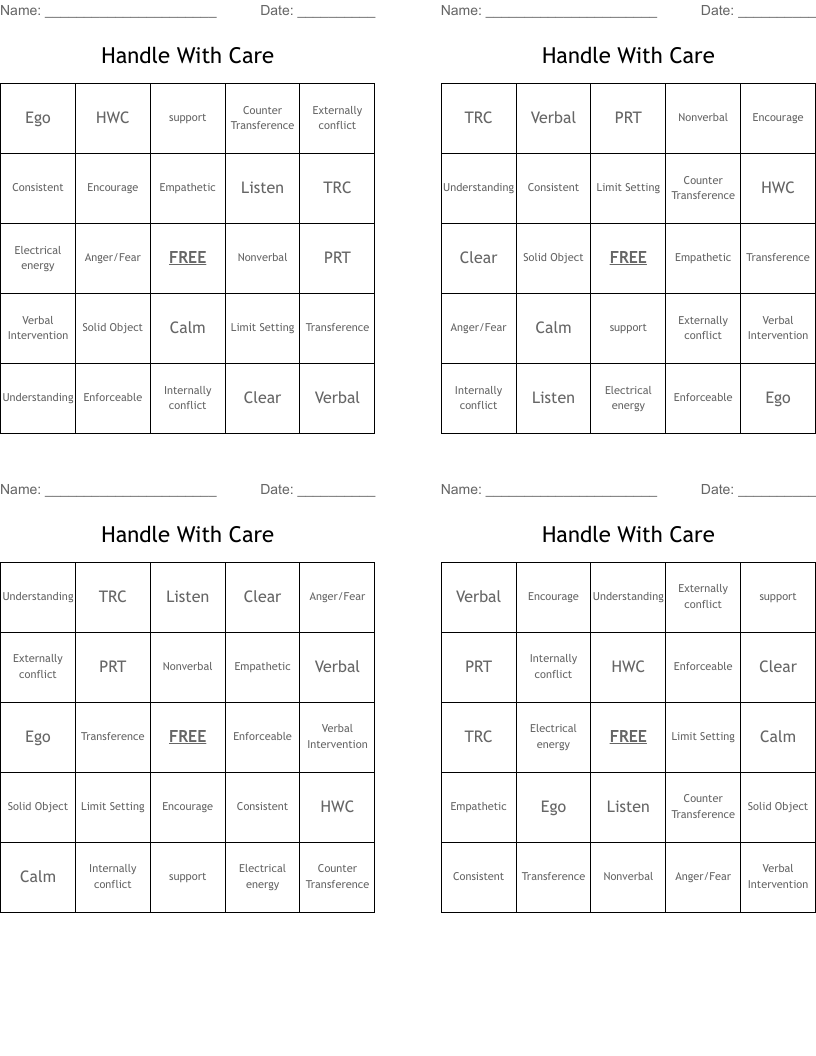 Handle With Care Bingo Cards
