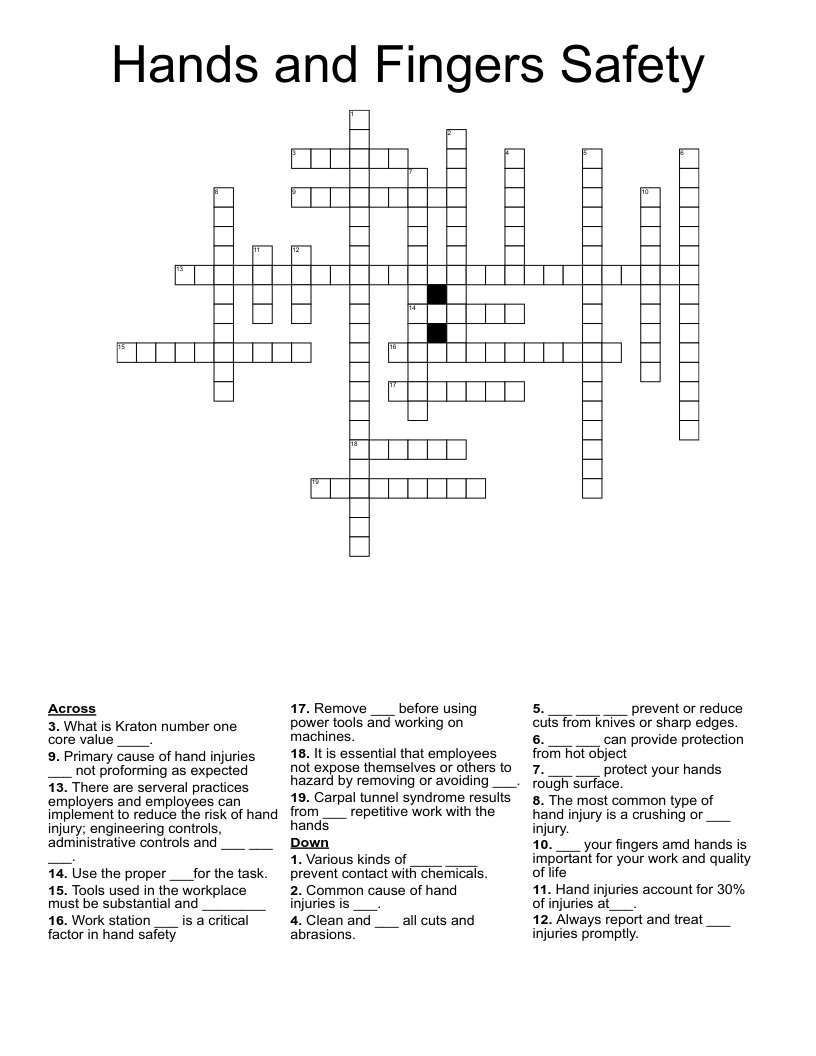 Hands and Fingers Safety  Crossword
