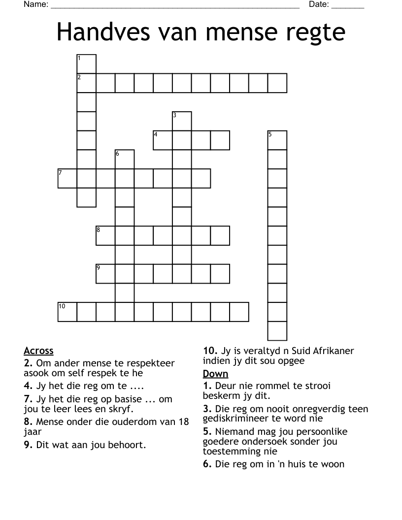 Handves van mense regte Crossword