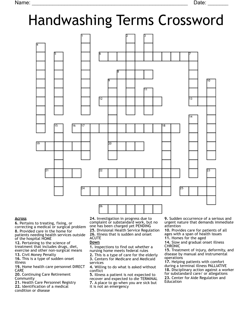 Handwashing Terms Crossword 