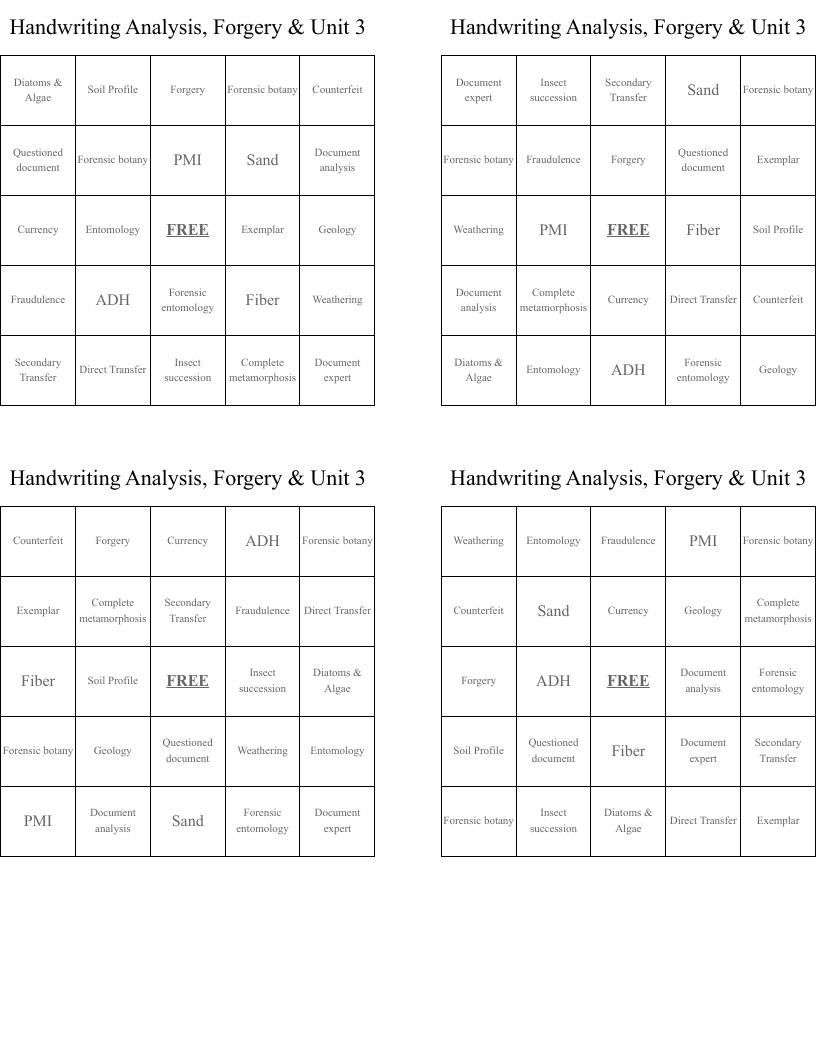Handwriting Analysis, Forgery & Unit 3 Bingo Cards