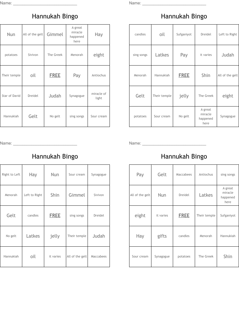 Hannukah Bingo