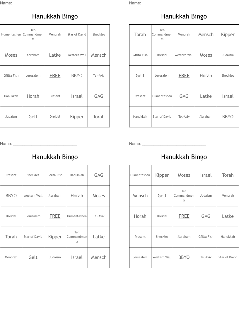 Hanukkah Bingo