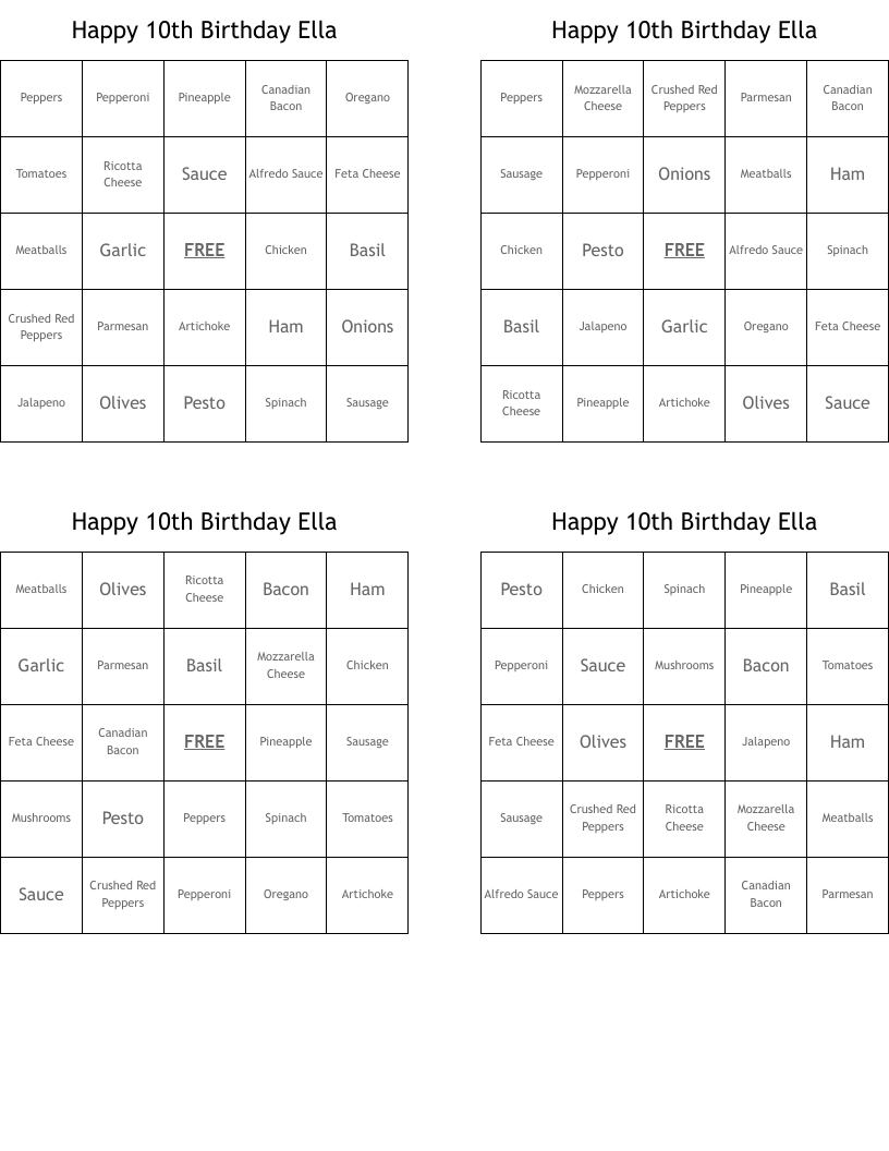 Happy 10th Birthday Ella Bingo Cards