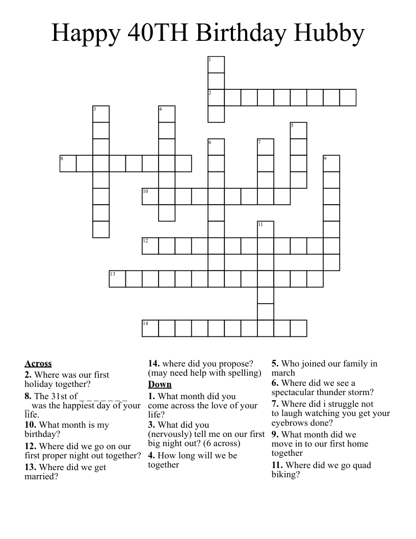 Happy 40TH Birthday Hubby Crossword