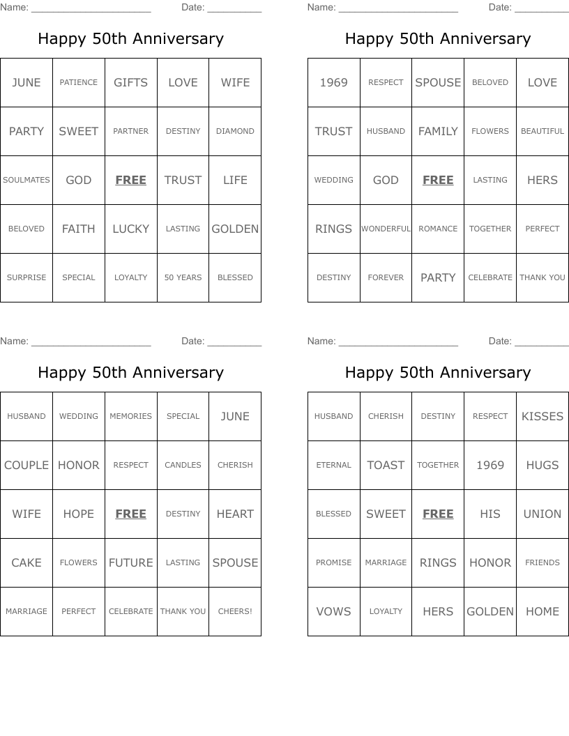 Happy 50th Anniversary Bingo Cards