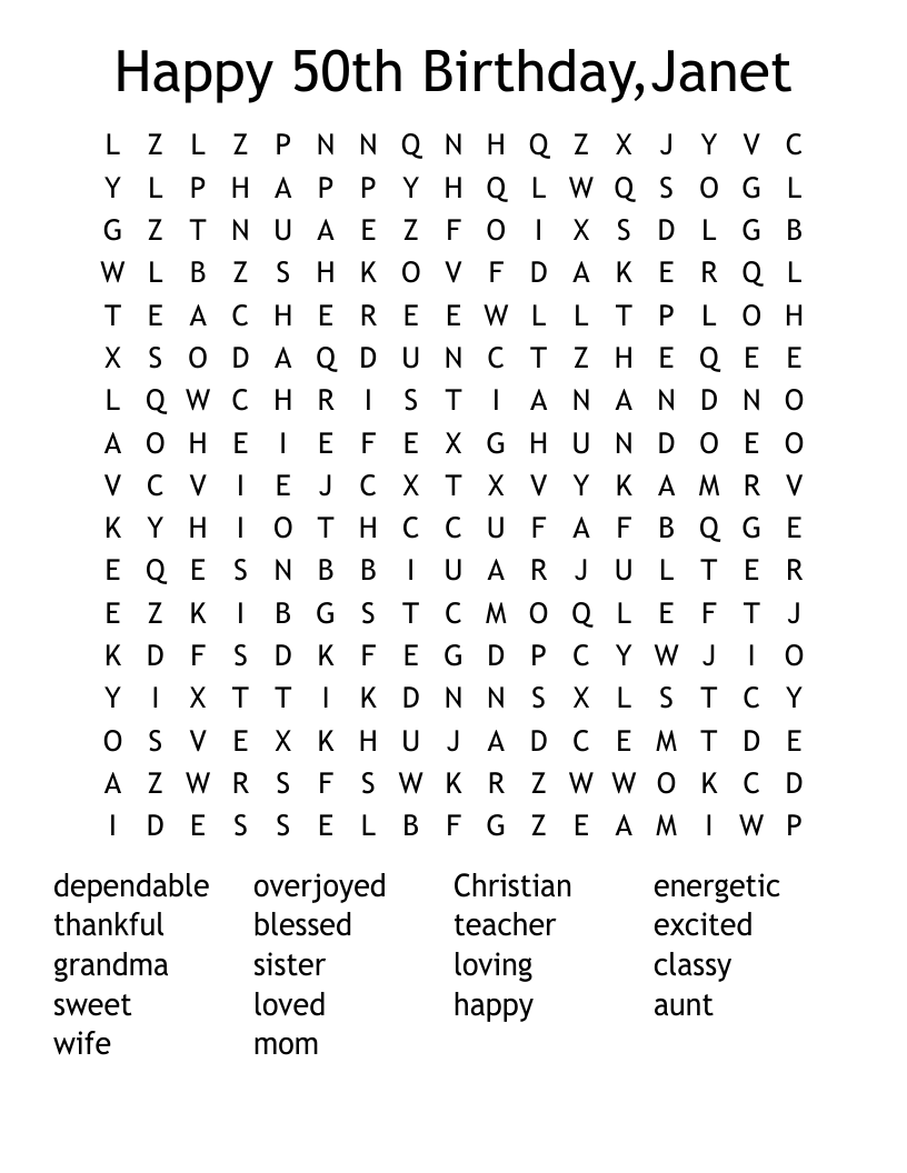 Happy 50th Birthday,Janet Word Search