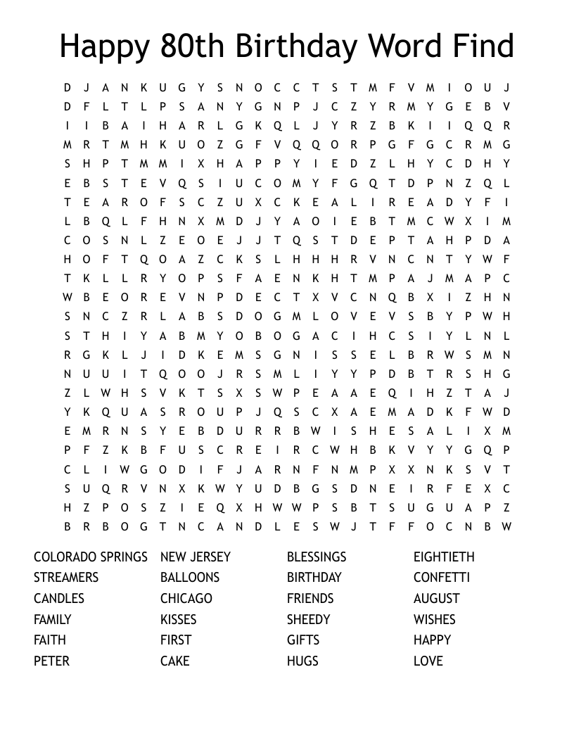 Happy 80th Birthday Word Find Word Search