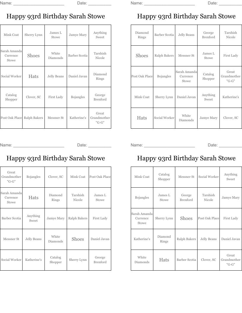 Happy 93rd Birthday Sarah Stowe Bingo Cards