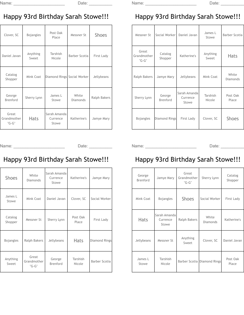 Happy 93rd Birthday Sarah Stowe!!! Bingo Cards
