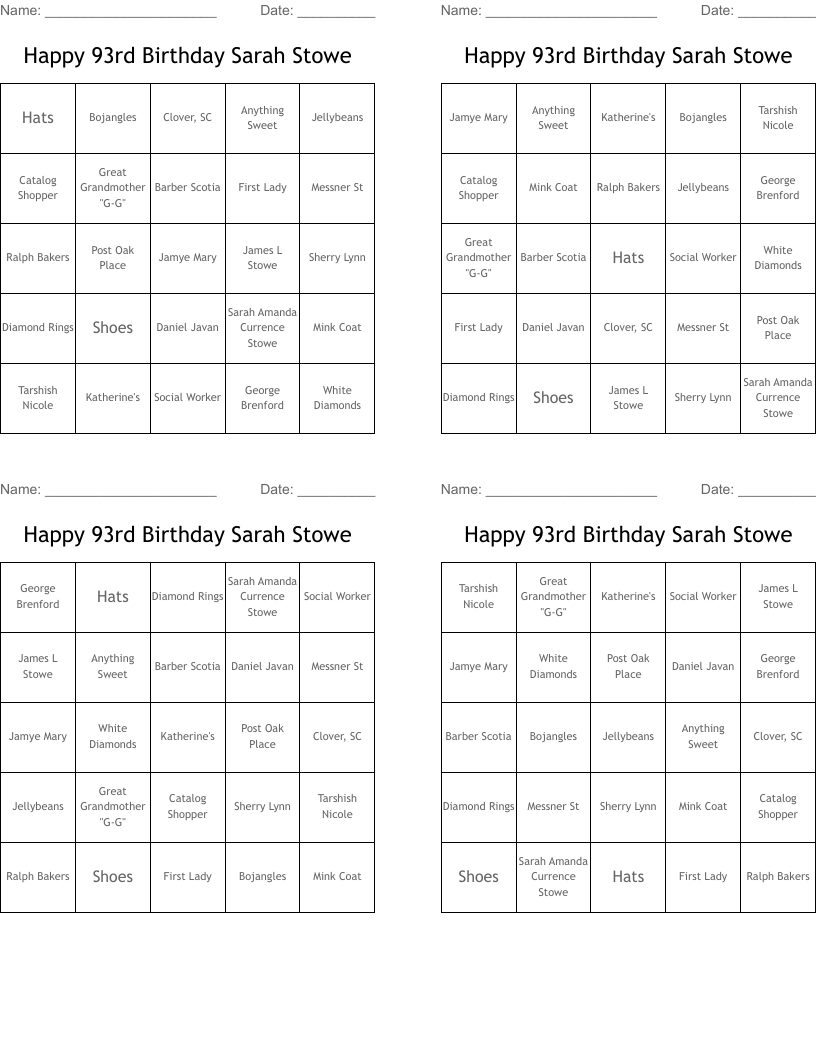 Happy 93rd Birthday Sarah Stowe Bingo Cards