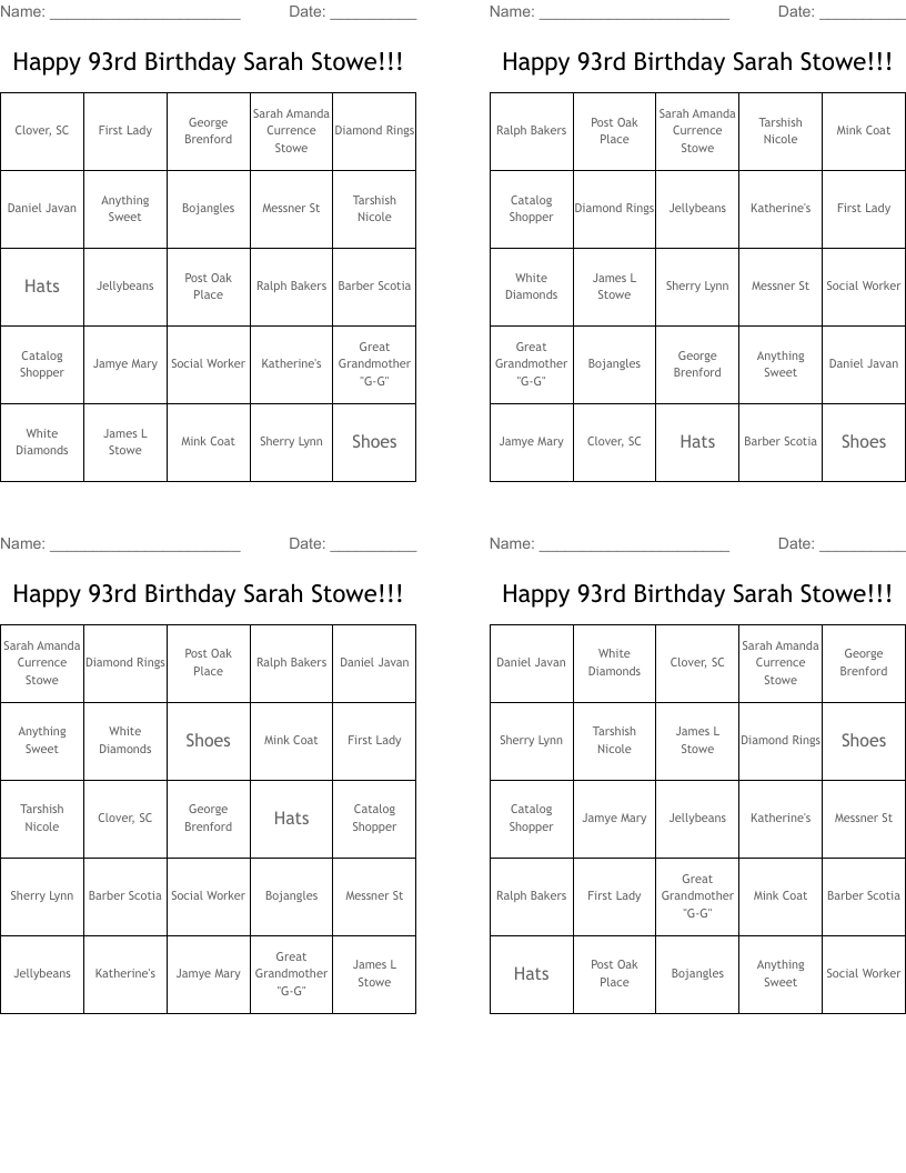 Happy 93rd Birthday Sarah Stowe!!! Bingo Cards