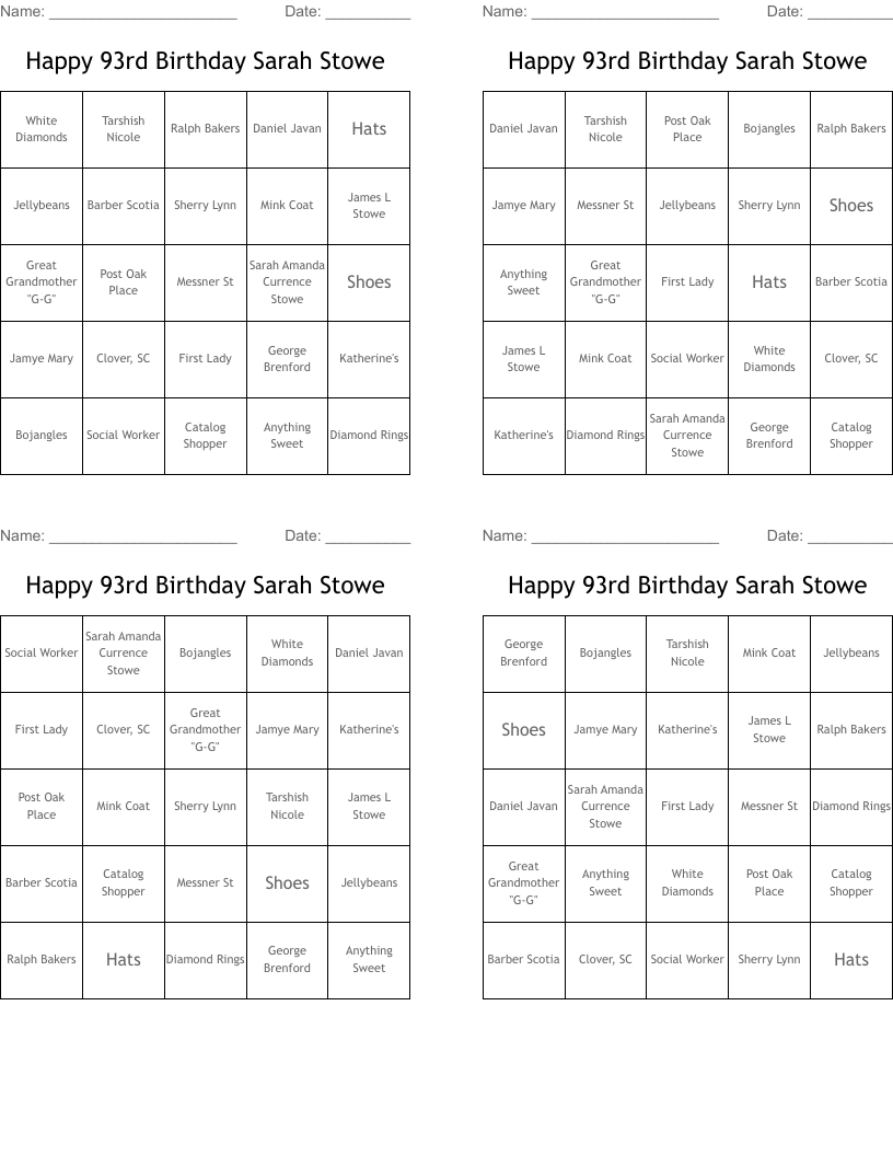Happy 93rd Birthday Sarah Stowe Bingo Cards